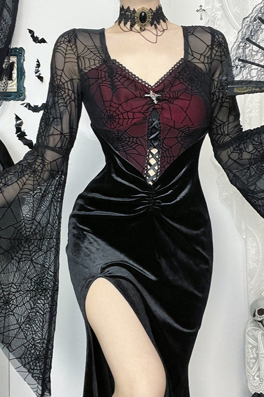 Velvet Slit Flare Sleeve Gothic Dress