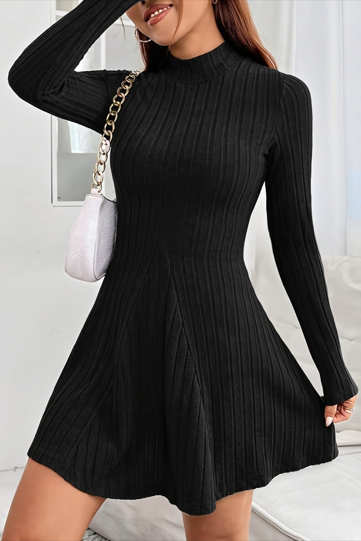 Ribbed Knit Mock Neck Long Sleeve Skater Mini Dress