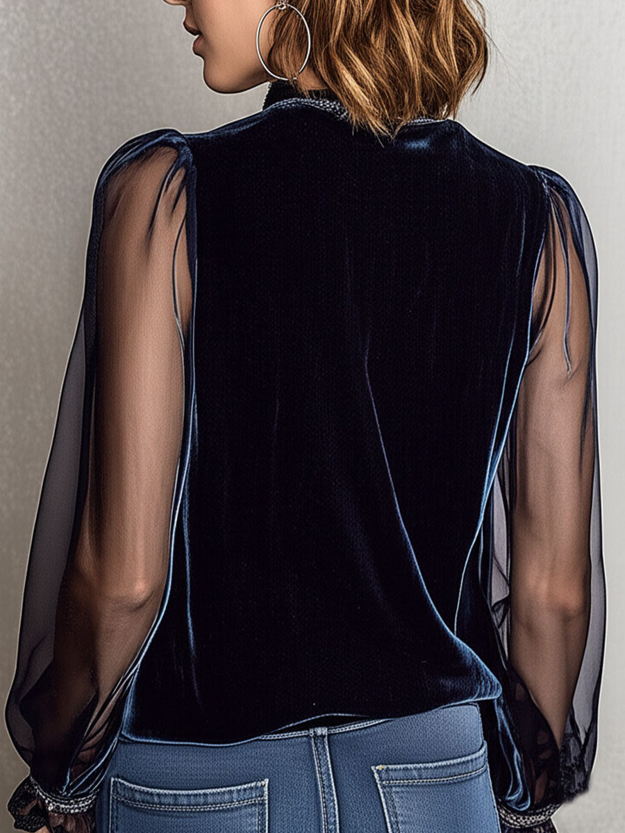 Embroidered Floral Navy Velvet Blouse With Shinning Sheer Sleeves - Fashionpara