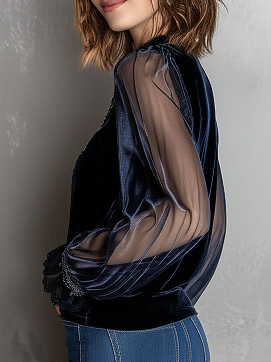 Embroidered Floral Navy Velvet Blouse With Shinning Sheer Sleeves - Fashionpara