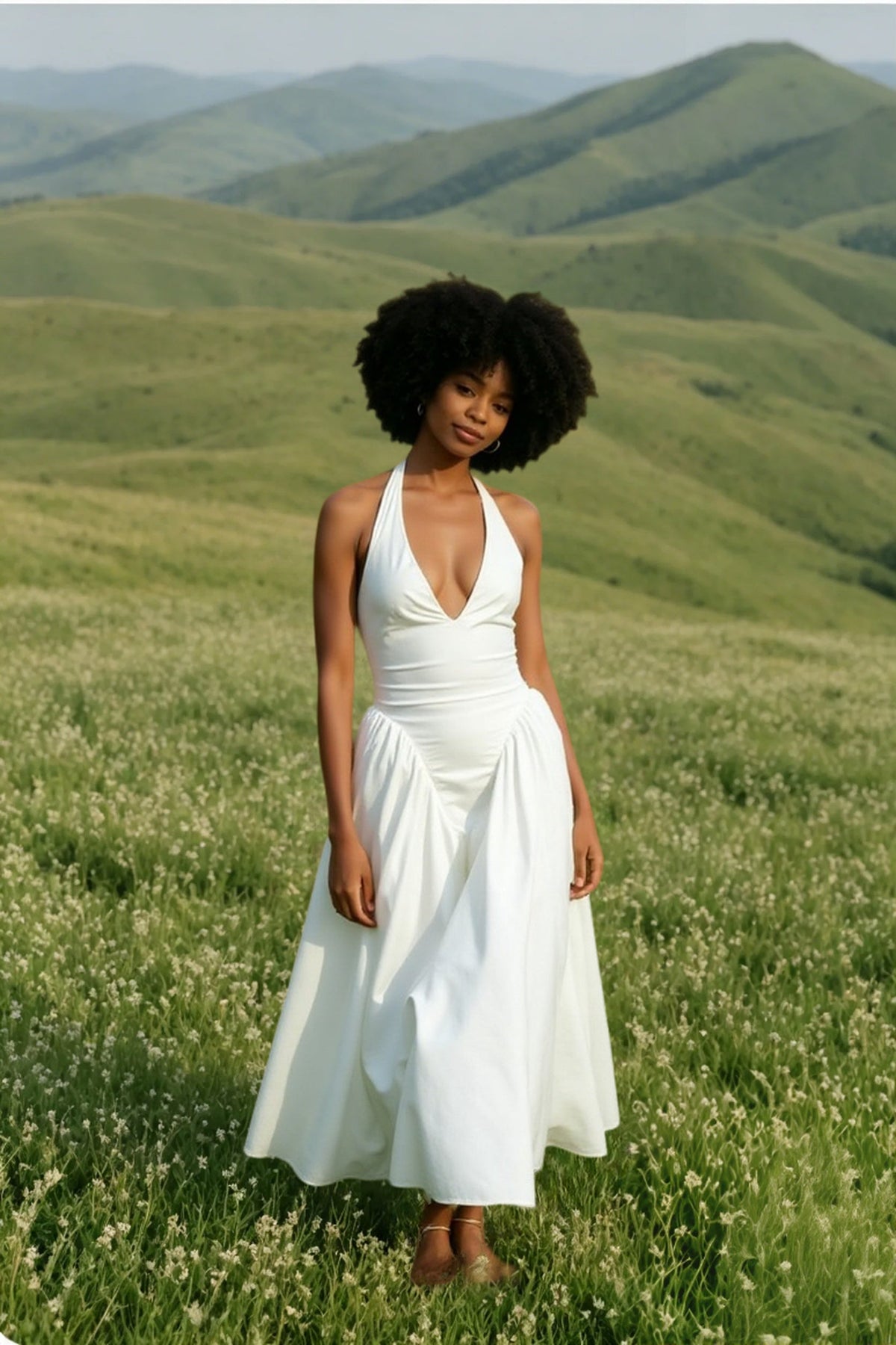 Cotton Plunge Halter Neck Fit-and-Flare Midi Dress