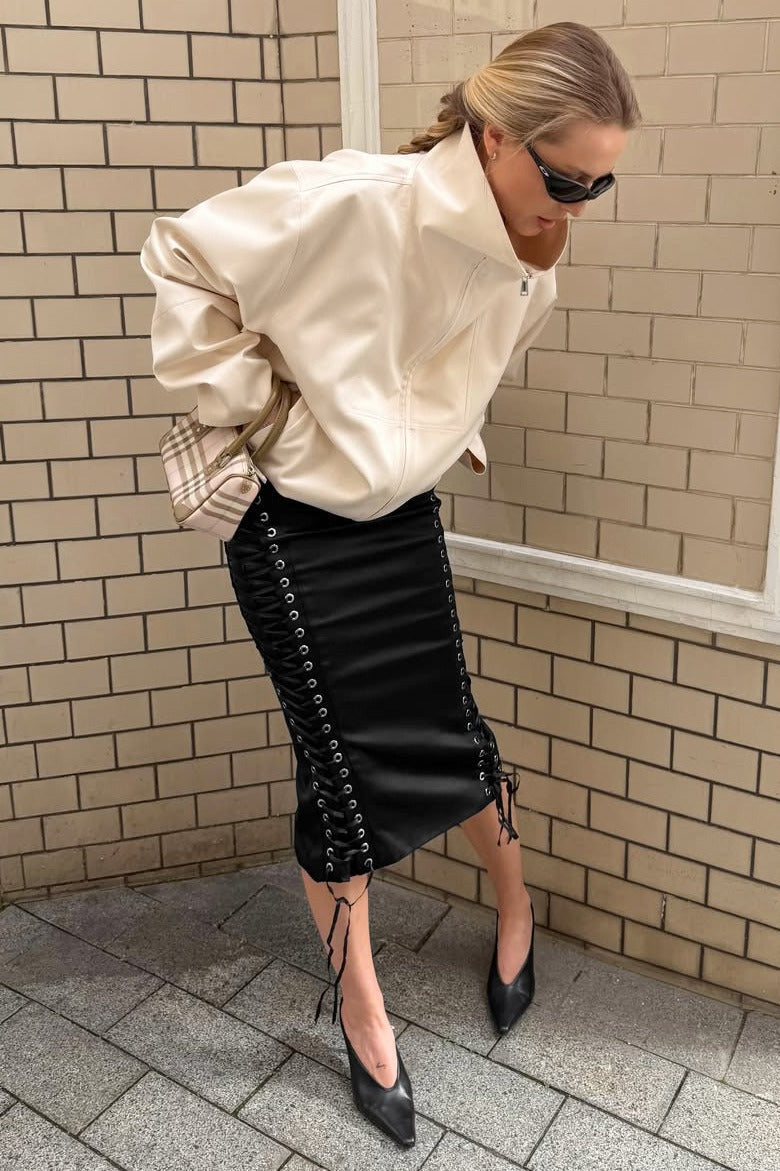 Lace-Up Satin Midi Skirt