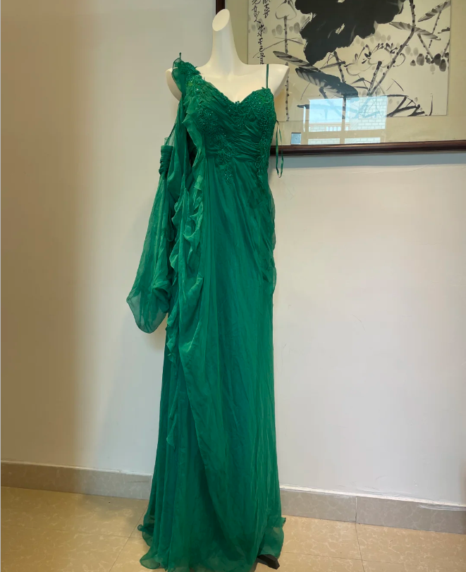 Elegant Green Deep V-Neck Chiffon Long Prom Dress Evening Dress P4272