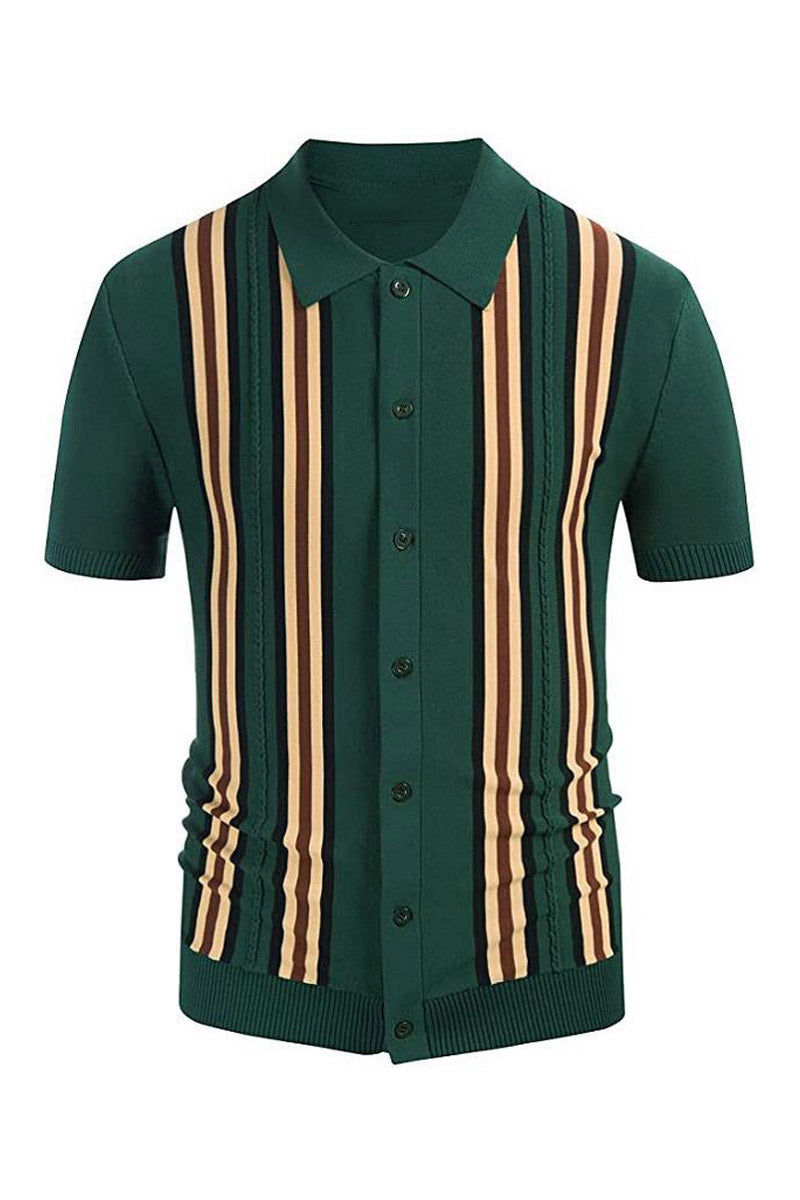 Men's Green Striped Short Sleeve Polo Shirt - Fashionpara