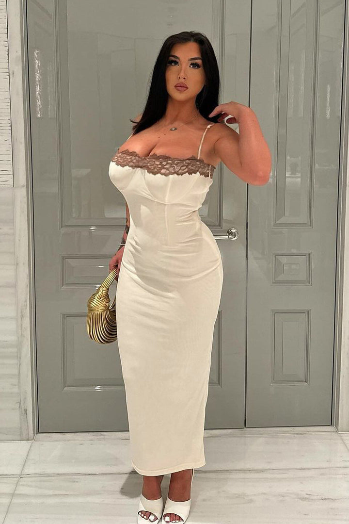 Lace Contrast Strappy Bodycon Party Dress