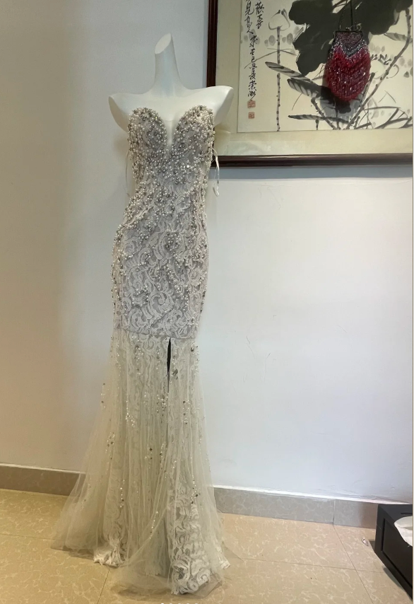 Luxurious And Elegant Sweetheart Neckline Pearl Rhinestone Lace Mermaid Long Prom Dress Evening Dress P4273