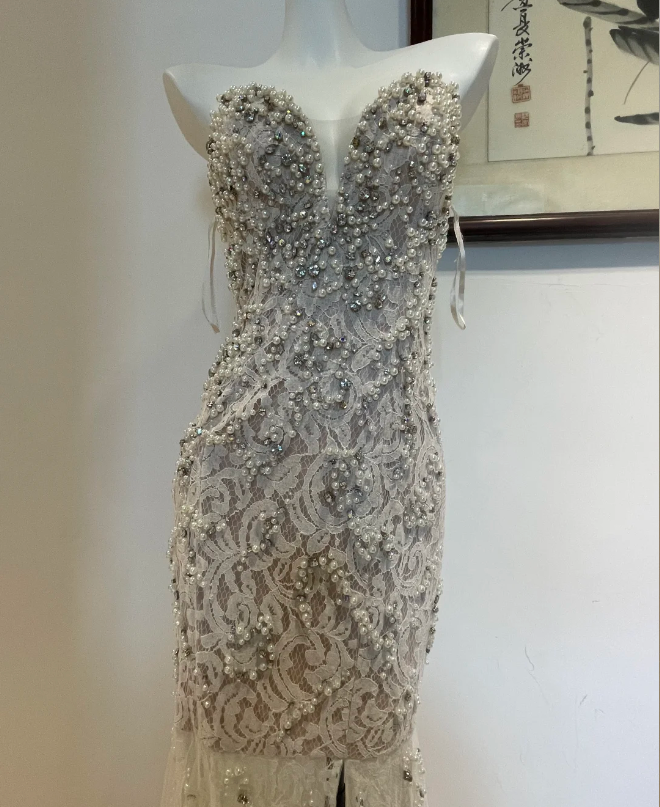 Luxurious And Elegant Sweetheart Neckline Pearl Rhinestone Lace Mermaid Long Prom Dress Evening Dress P4273