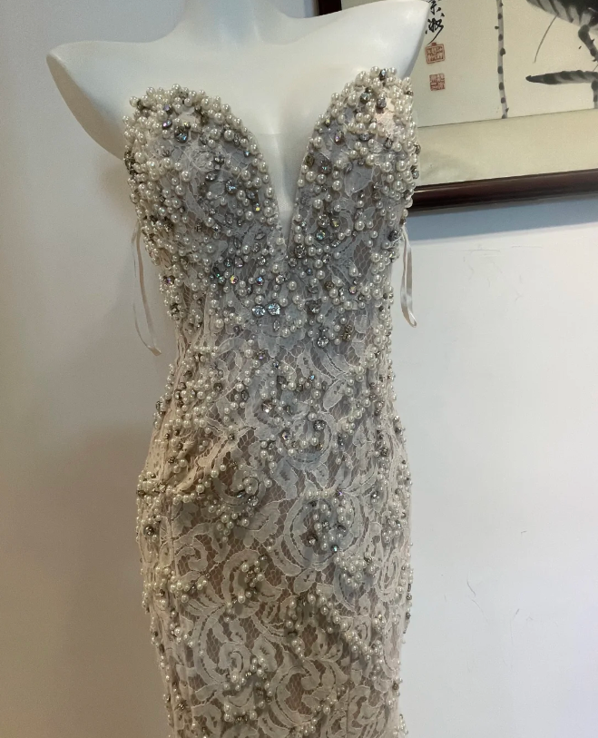 Luxurious And Elegant Sweetheart Neckline Pearl Rhinestone Lace Mermaid Long Prom Dress Evening Dress P4273