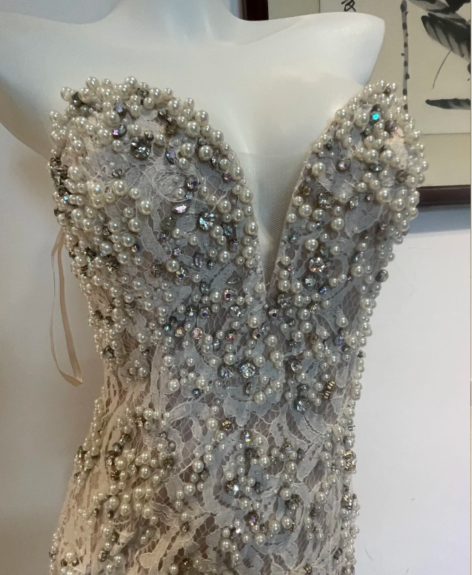 Luxurious And Elegant Sweetheart Neckline Pearl Rhinestone Lace Mermaid Long Prom Dress Evening Dress P4273