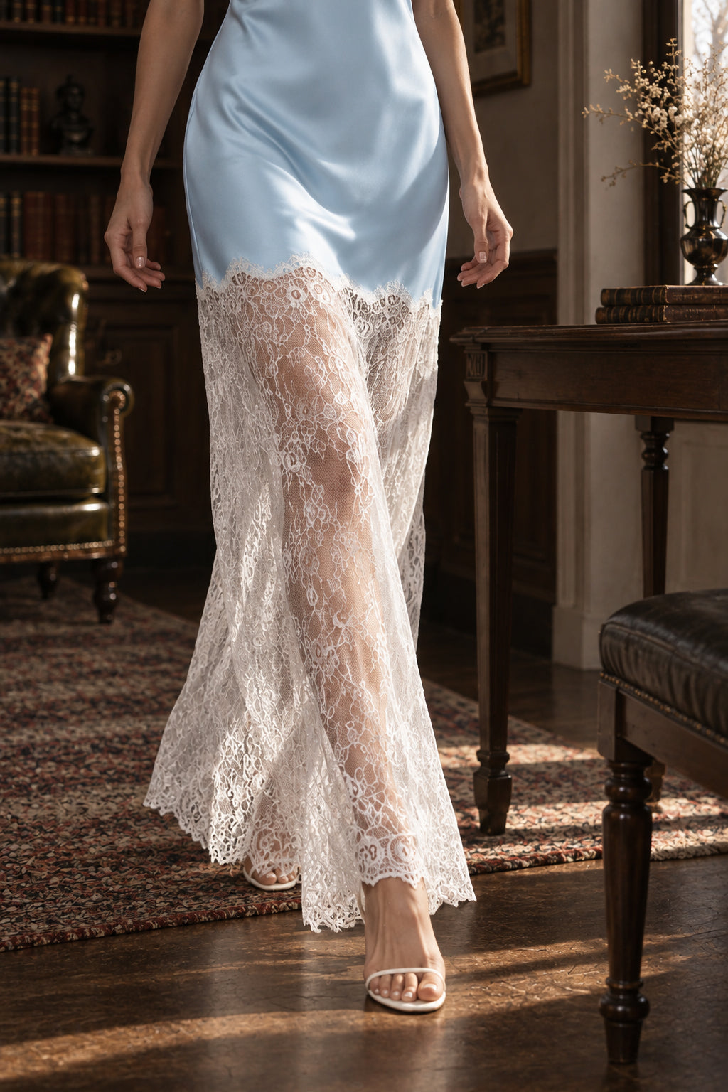 Satin Lace Halter High Neck Sheer Lace-Hem Gown