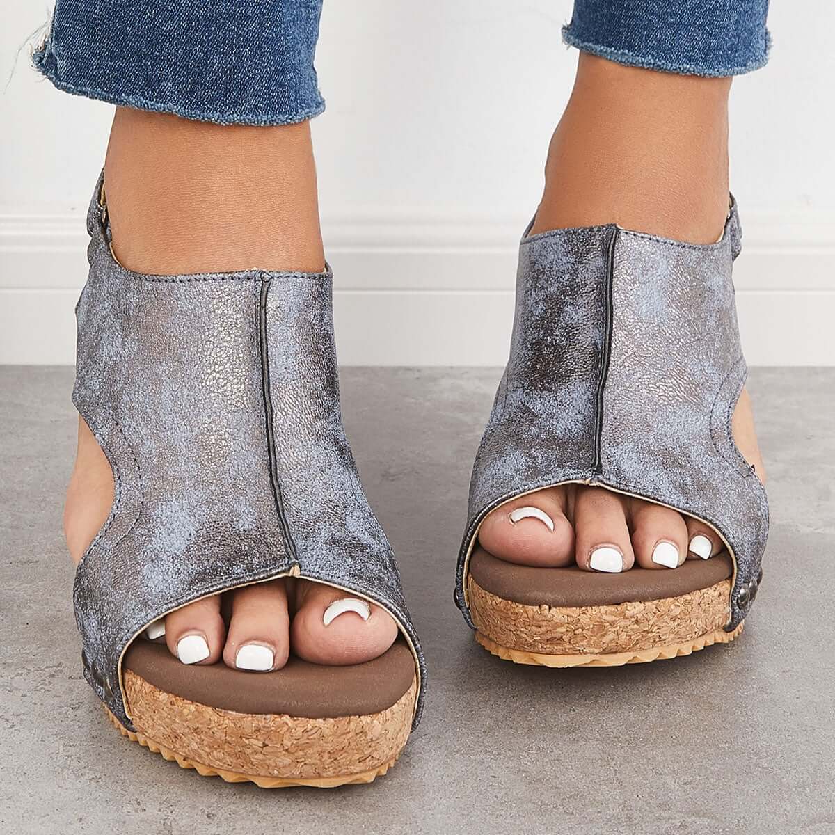Cork Platform Wedges Slingback Ankle Buckle Strap Sandals