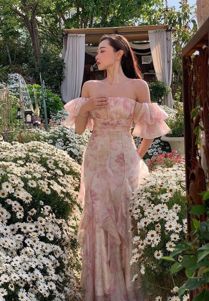 Elegant Flowers Pink Prom Dress Long Party Birthday Outfits