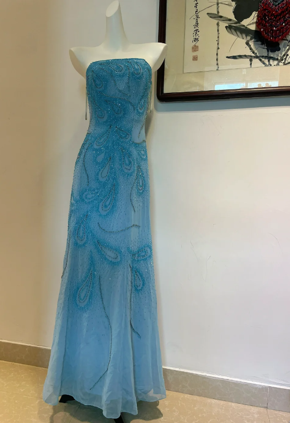 Gorgeous Blue A-line Strapless Beaded Chiffon Long Prom Dress Evening Dress P4274