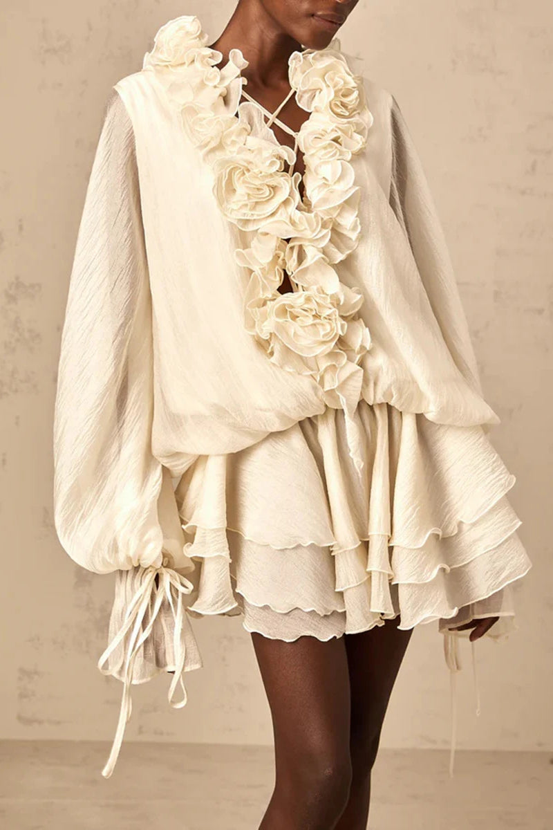 Floral Appliqué V-Neck Long Sleeve Tiered Mini Dress 15