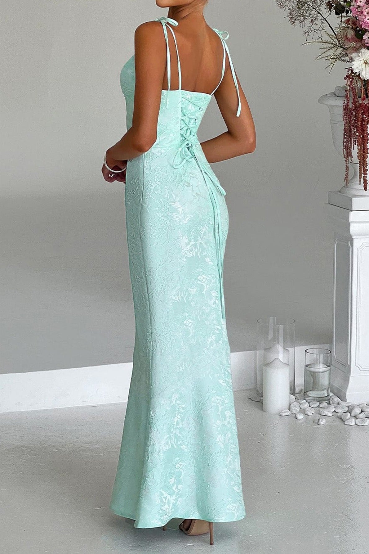 Jacquard Square Neck Tie Strap Fishtail Maxi Gown 2
