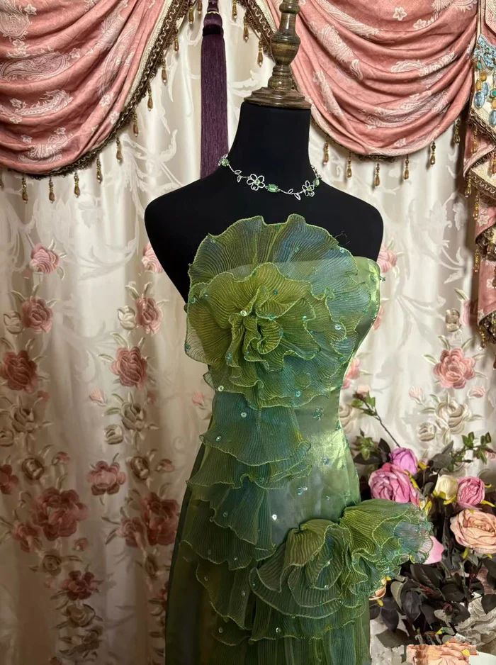 Vintage Green Strapless Satin Tulle Layered Ruffle Mermaid Long Prom Dress Evening Gown - Fashionpara
