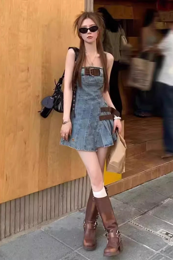 Denim Square-Neck Spaghetti Strap Belted A-Line Mini Dress