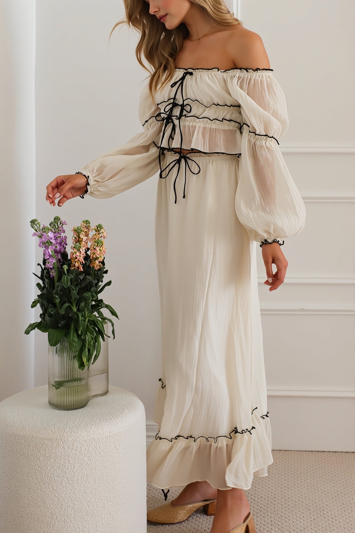 Apricot Off Shoulder Puff Sleeve Skirt Set