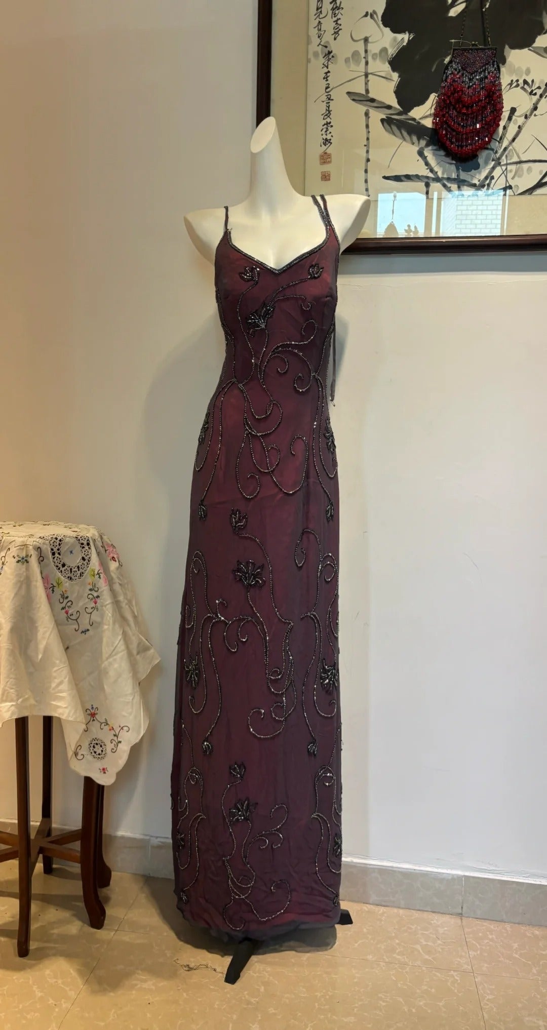 Elegant Vintage Burgundy Beaded Floral Crossover Backless Satin Long Prom Dress Evening Dress P4277