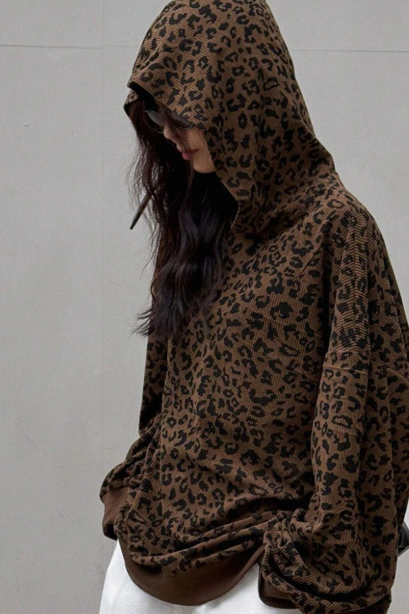 Corduroy Leopard Print Hoodie - Fashionpara
