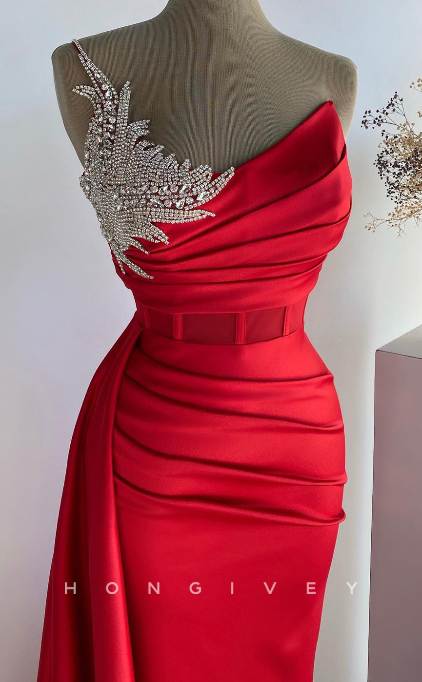 L2775 - Satin Sheath One Shoulder Ruched Beaded With Side Slit Party Prom Evening Dress - Fashionpara