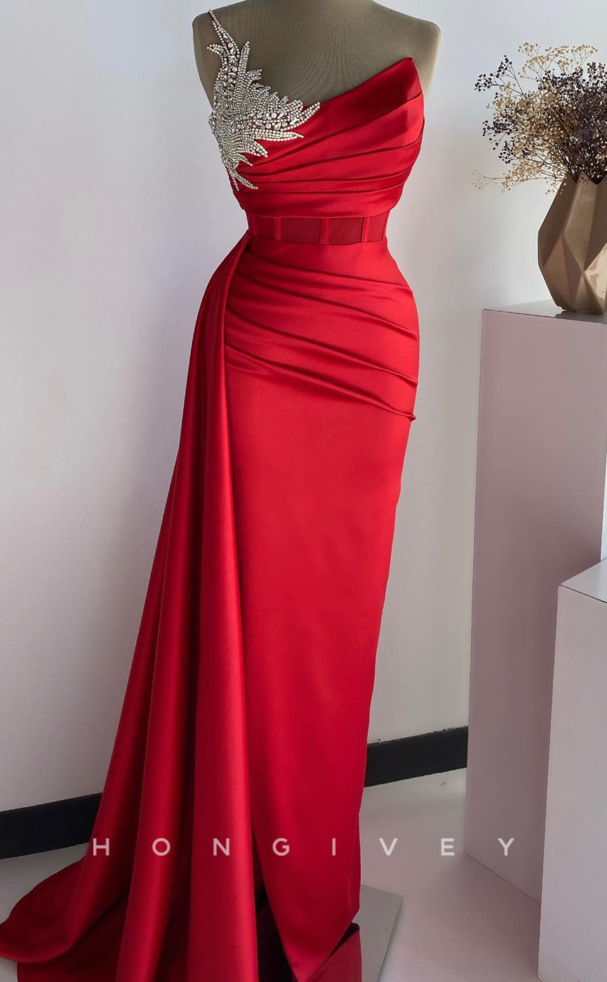 L2775 - Satin Sheath One Shoulder Ruched Beaded With Side Slit Party Prom Evening Dress - Fashionpara