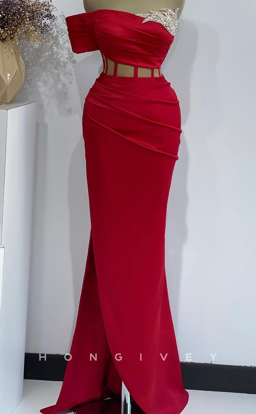 L2776 - One Shoulder Fitted Illusion Beaded With Side Slit Party Prom Evening Dress - Fashionpara