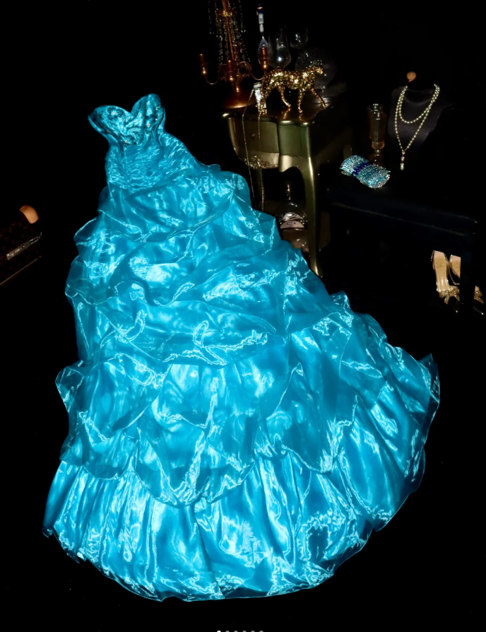 Elegant Strapless Satin Organza Beaded Mermaid Evening Dress Blue Long Party Gown D1428