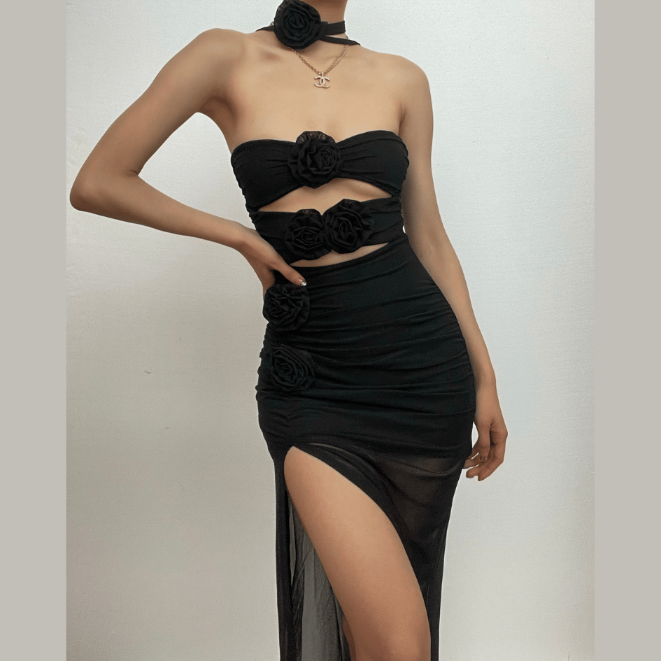 Mesh Strapless Flower Applique Cut Out High Split Maxi Dress