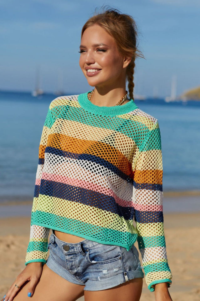 Rainbow Stripe Openwork Long Sleeve Cover Up - Fashionpara