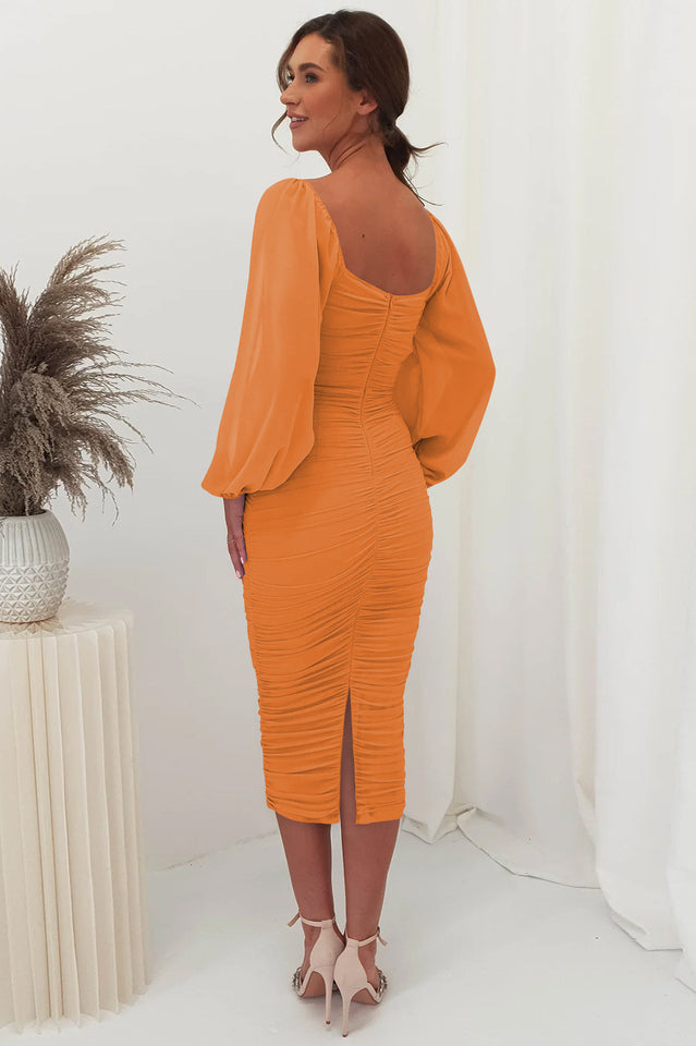 Square-Neck Long-Sleeve Ruched Bodycon Midi Dress 21