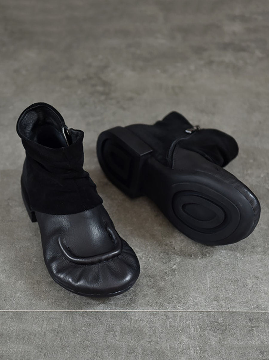 Vintage Suded Leather Spliced Low Heel Boots