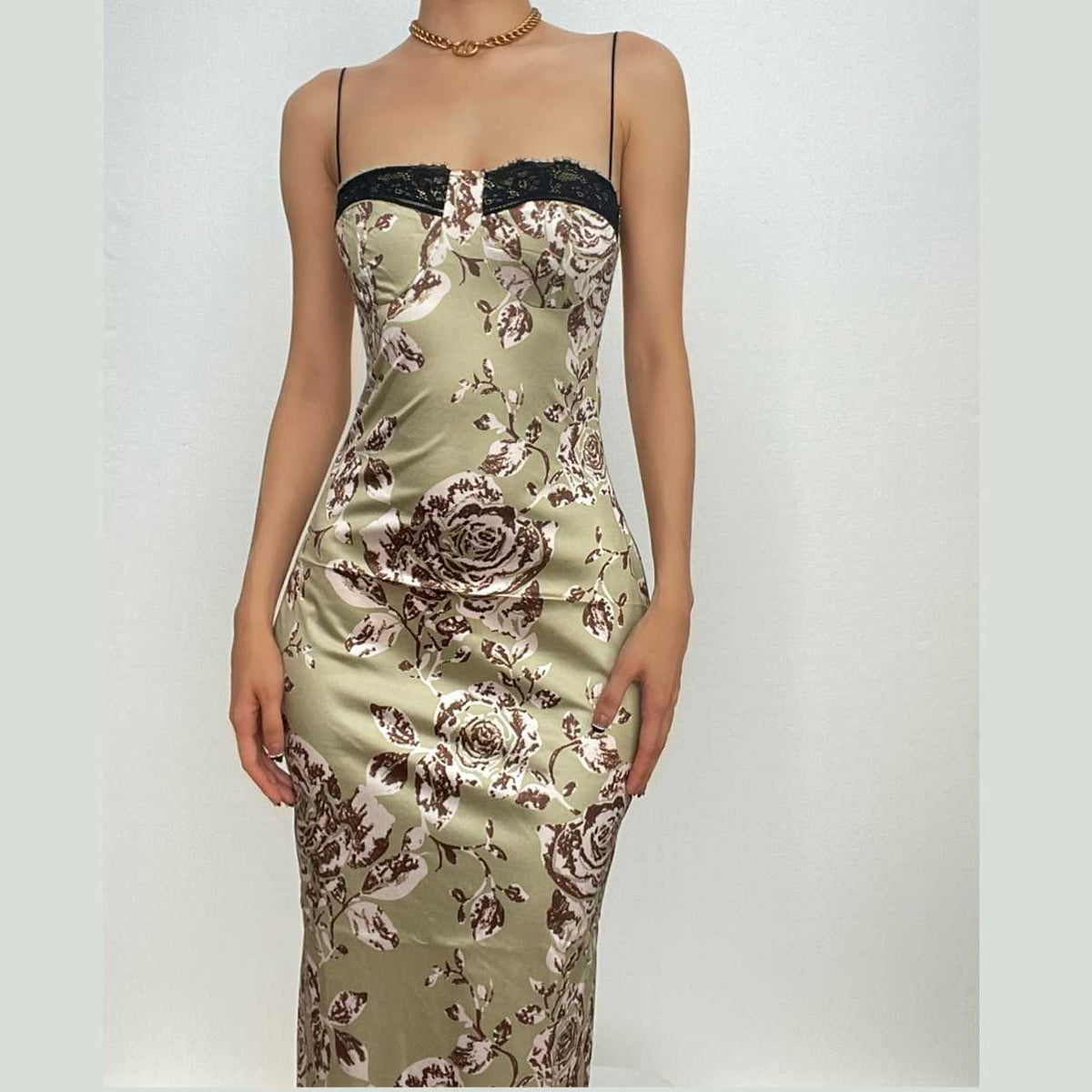 Satin Floral Lace Trim Spaghetti Strap Ruched Bodycon Midi Dress - View 3