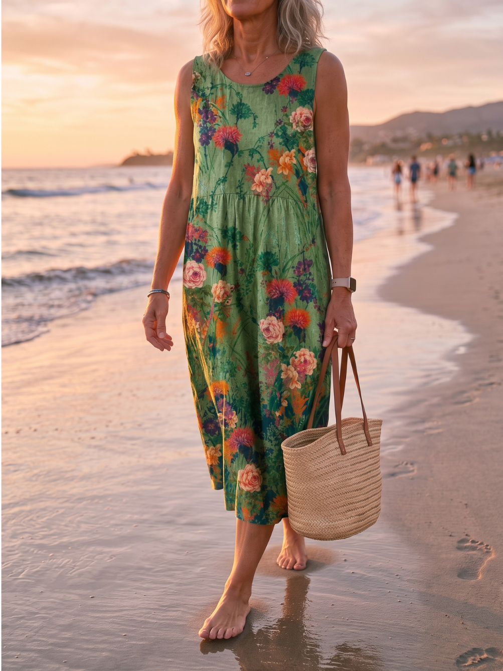 Floral Print Sleeveless Tiered Linen Midi Dress