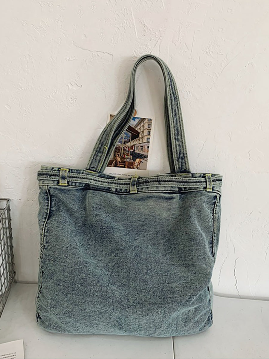 Vintage Solid Pocket Denim Handbag Shoulder Bag