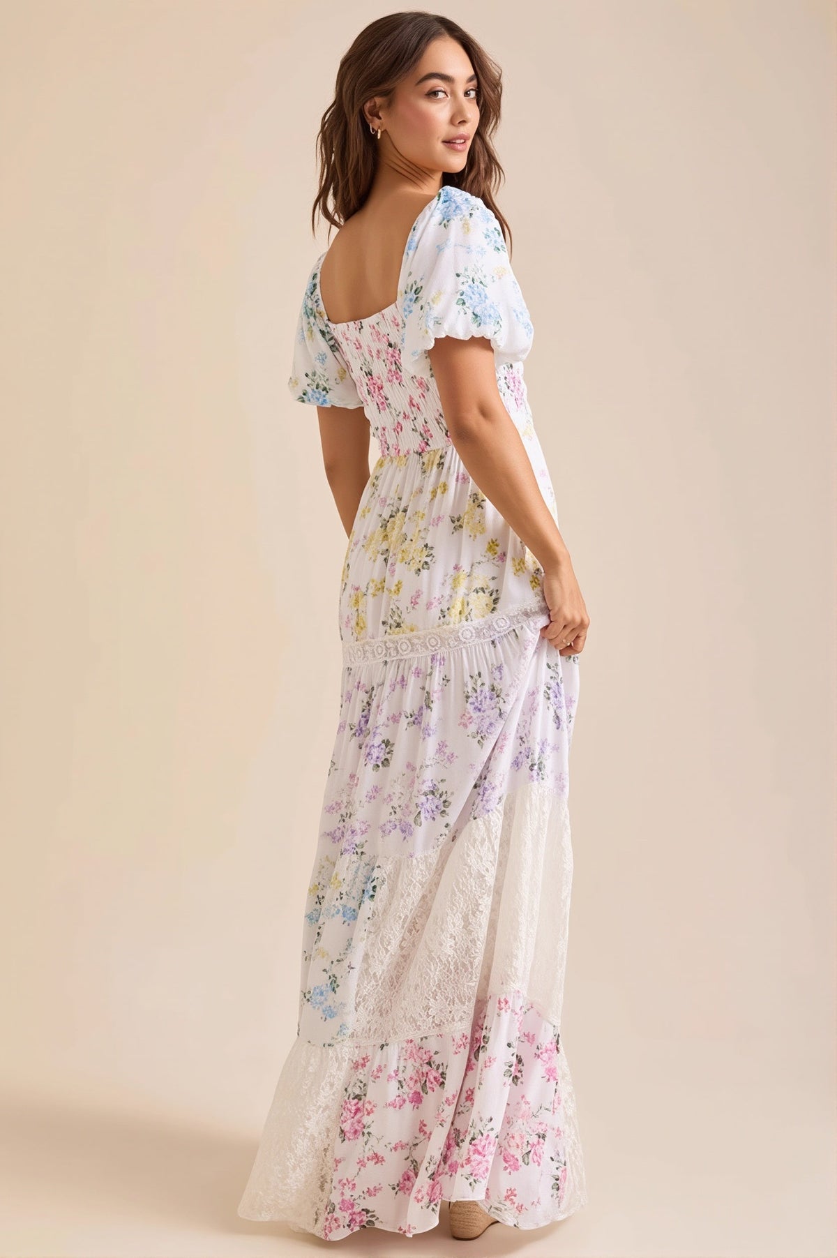 Floral Square Neck Puff Sleeve Tiered Maxi Dress
