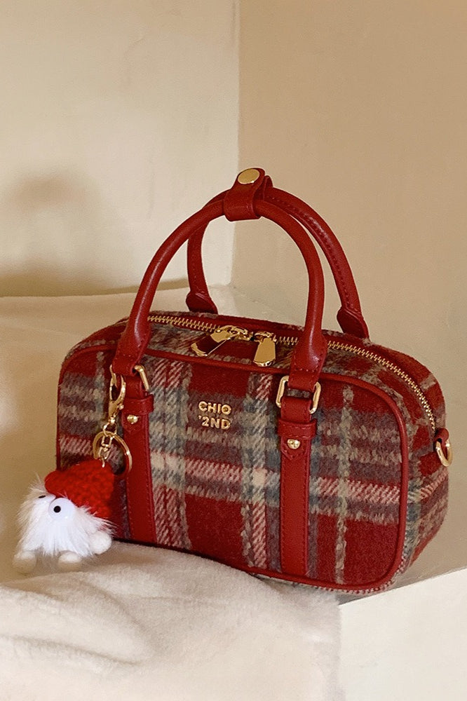 Red Tweed Pillow Handheld Shoulder Crossbody Bag