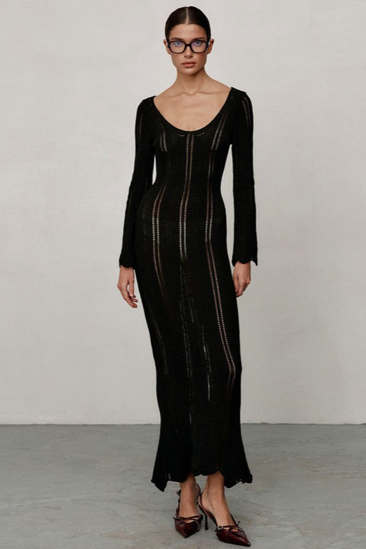 U Neck Long Sleeve Knit Work Dress