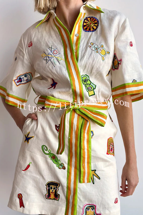 Britt Linen Blend Unique Printed Short Sleeved Pocket Tie Waist Mini Dress - Fashionpara