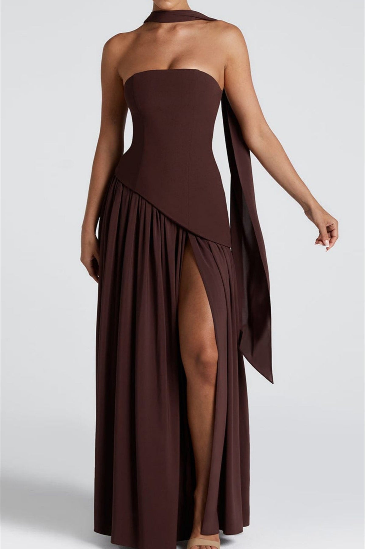 Strapless Choker Neck Asymmetric High-Slit Maxi Dress
