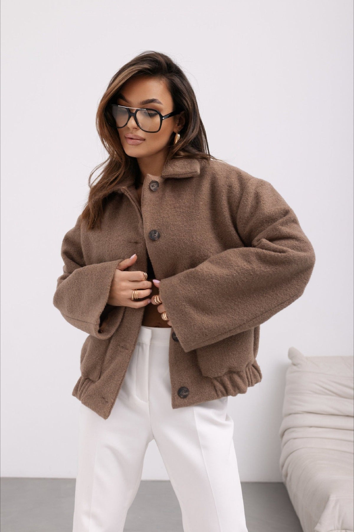 Solid Wool Pocket Elastic Snap Coat 2