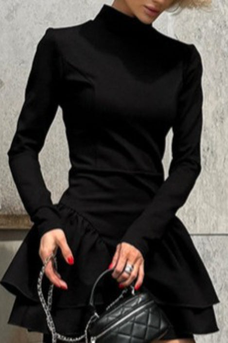 High Neck Long Sleeve Tiered Ruffle Mini Dress