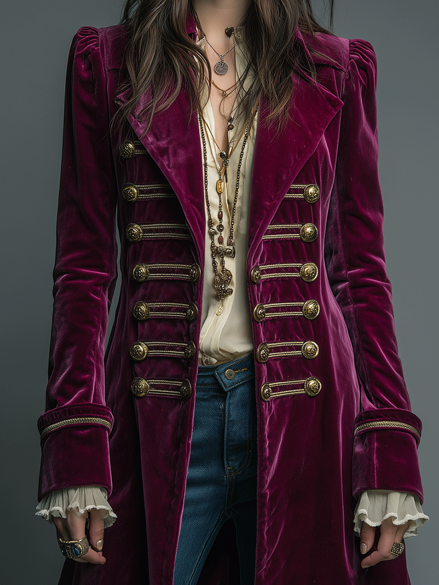 Regal Burgundy Velvet Officer-Inspired Coat