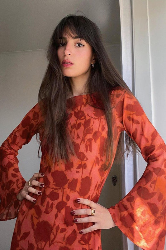 Floral Print High Neck Long Sleeve Maxi Dress