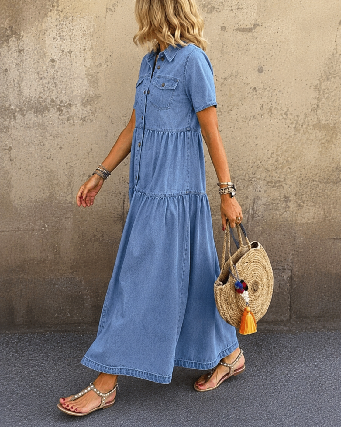 Collared Short Sleeve Button Front Tiered Denim Midi Dress 3