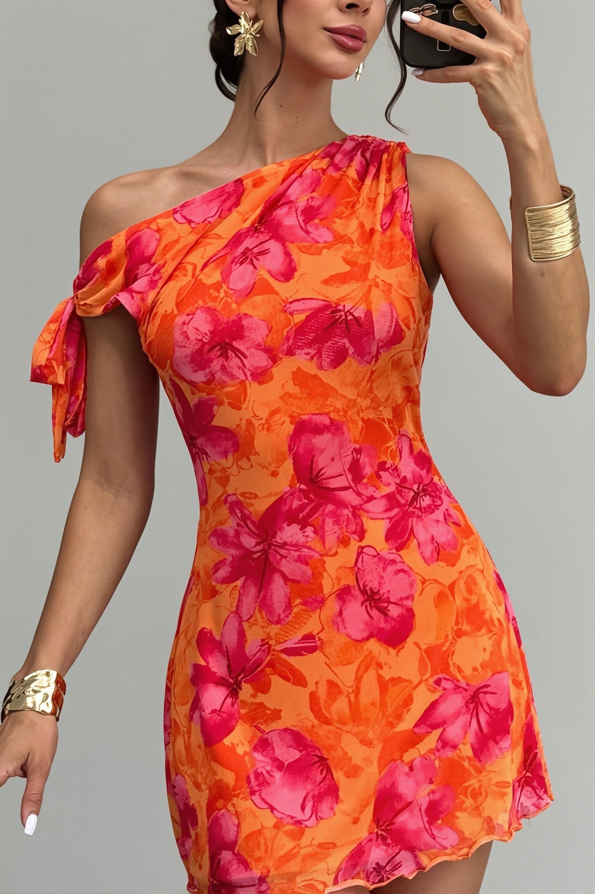 Floral One Shoulder Tie Front Draped Mini Dress