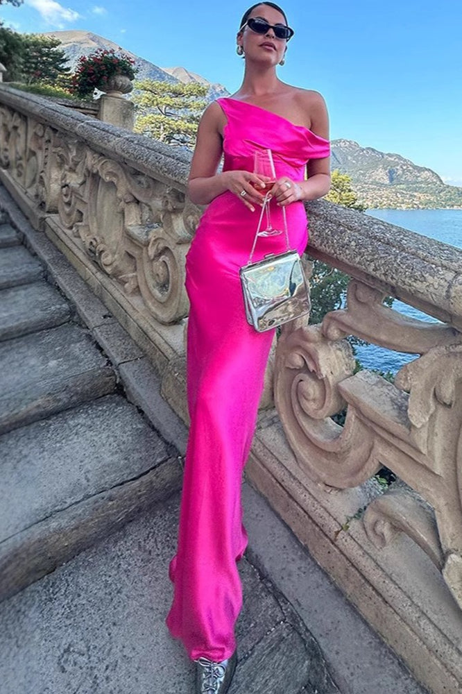 Solid Color Asymmetrical Shoulder Backless Strapless Sexy Formal Dress