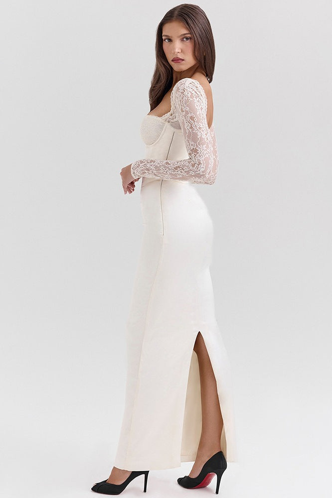 Satin Lace Long-Sleeve Sweetheart Corset Maxi Gown