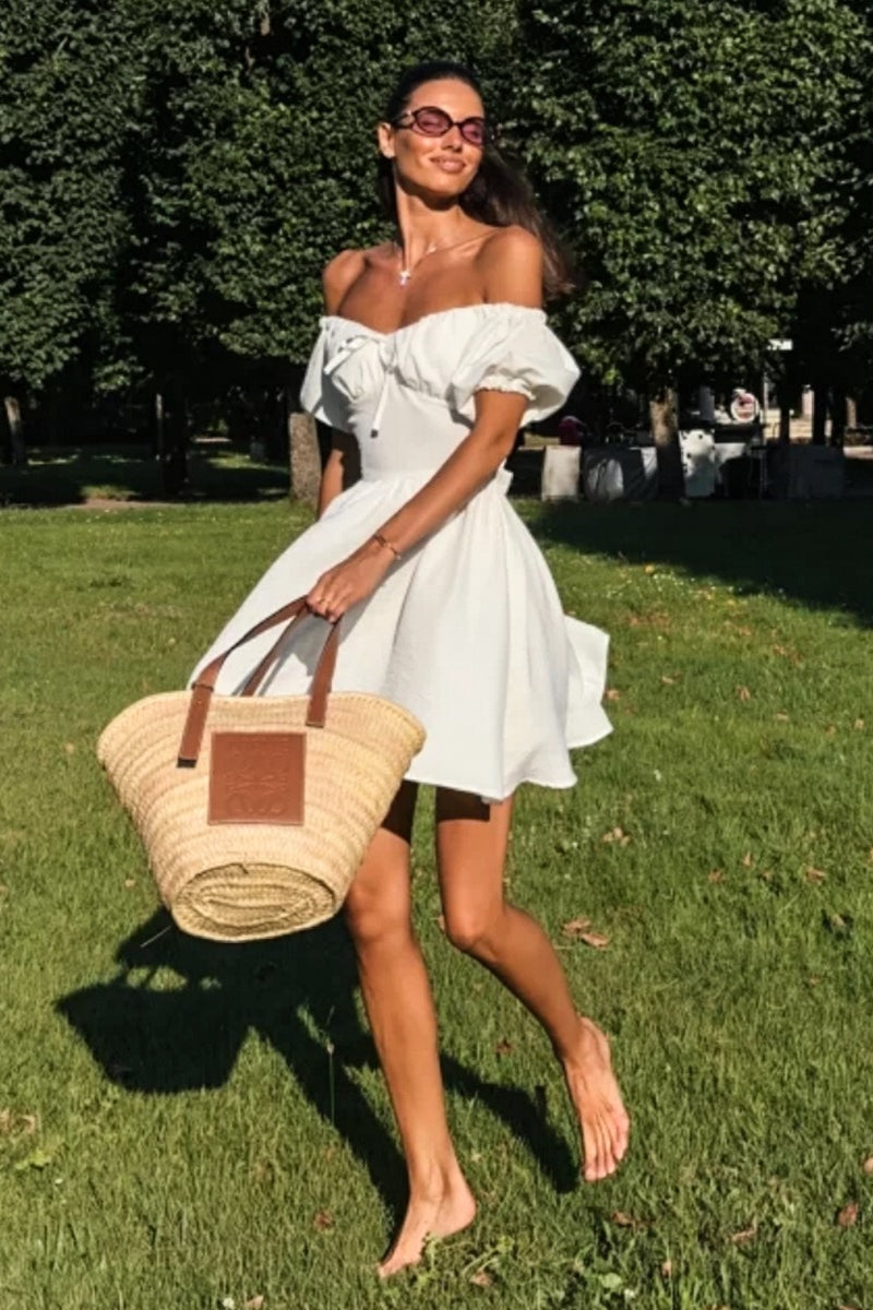 Off Shoulder Puff Sleeve Fit & Flare Mini Dress