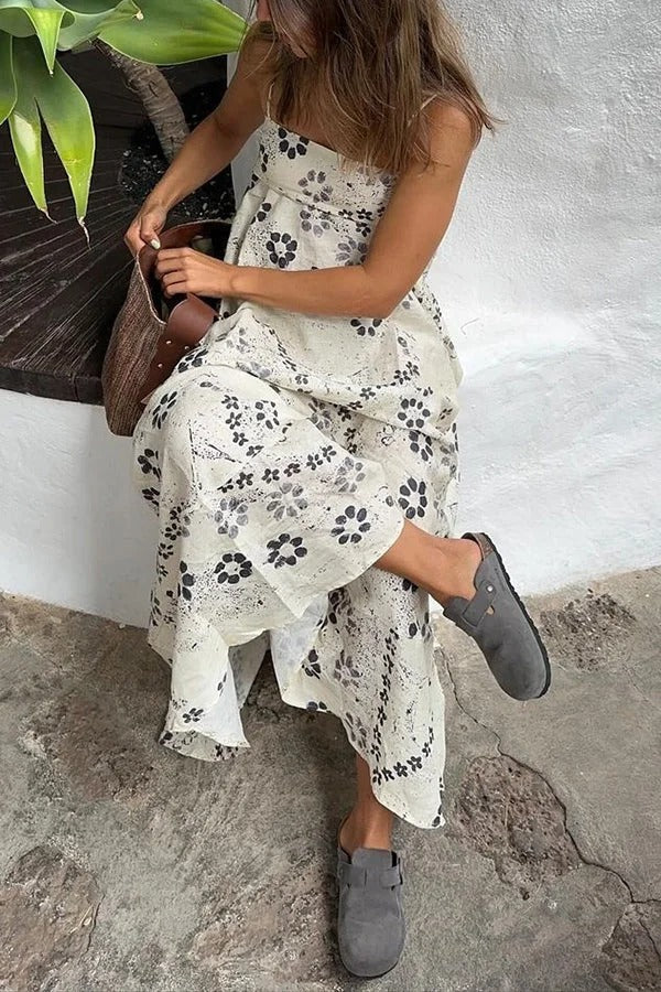 Linen Blend Floral Print Strappy Full-hem Backless Maxi Dress - Fashionpara